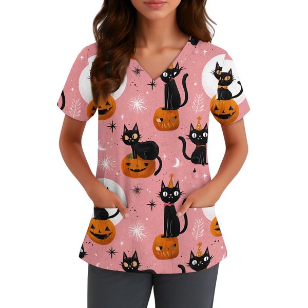 Damska Koszulka Z Dekoltem W Serek, KróTkim RęKawem I Nadrukiem Halloweenowym, Z Kieszenią, Koszula Medyczna Dla PracownikóW SłUżBy Zdrowia, Uniform S Pink-image