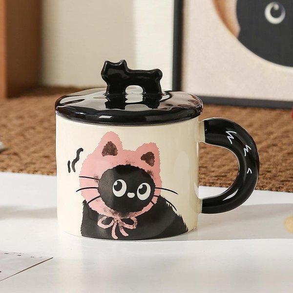 Taza De CeráMica Taza De Gato Lindo Con Tapa Taza De Agua De Alto Valor Para NiñAs Hogar Pareja Taza De Café Desayuno Para Hombres 301-400Ml Black-image