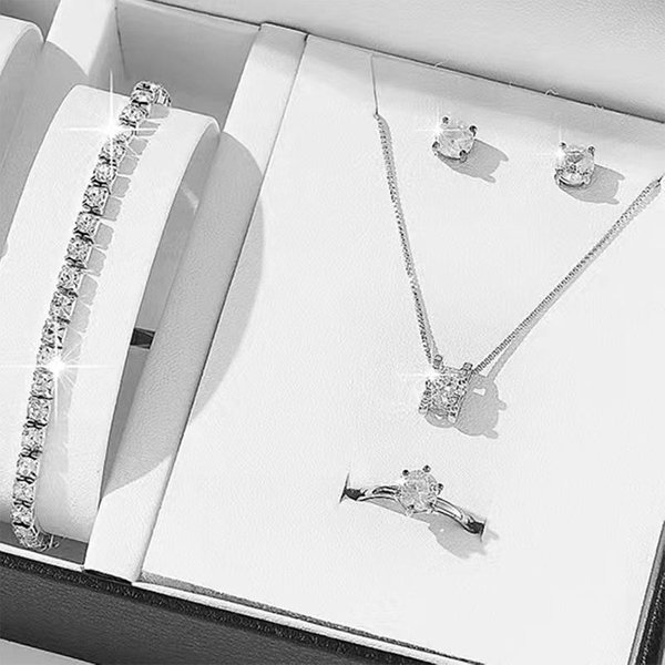 5 Sztuk Eleganckie Zestawy BiżUterii KryształOwej Dla Kobiet Naszyjnik Kolczyki PierśCionek Bransoletka KsiężNiczka BiżUteria śLubna Zestaw śLubny Walentynki A4 Gray-image