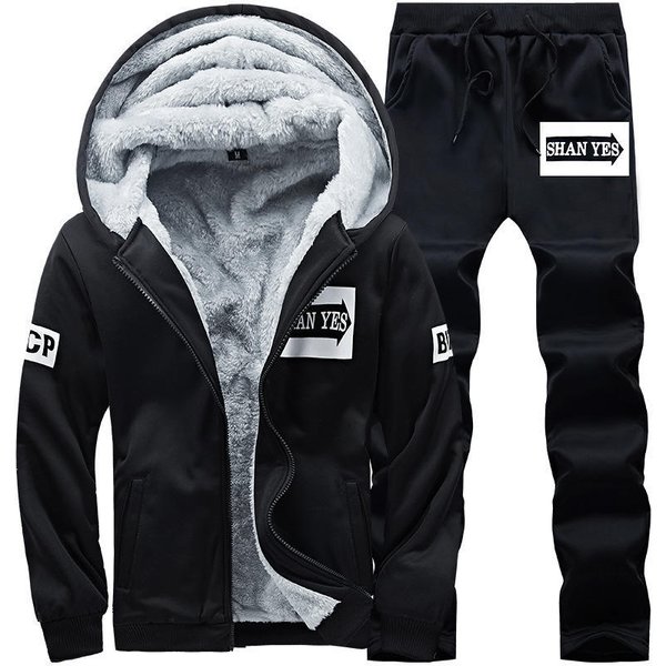 Gruby Dres MęSki Jesienno-Zimowy CiepłY Casual MęSki Zestaw Z Nadrukiem Kurtka Z Kapturem + Spodnie Dresowe 2 Sztuki Zestawy Streetwear S Czarny-image