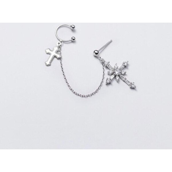 1 Par De Pendientes De Cruz De Plata De Ley 925 AutéNtica Lujo Circonita Crucifijo Brazaletes Perforados Para Oreja Borla CartíLago JoyeríA Fina Para Mujeres-image