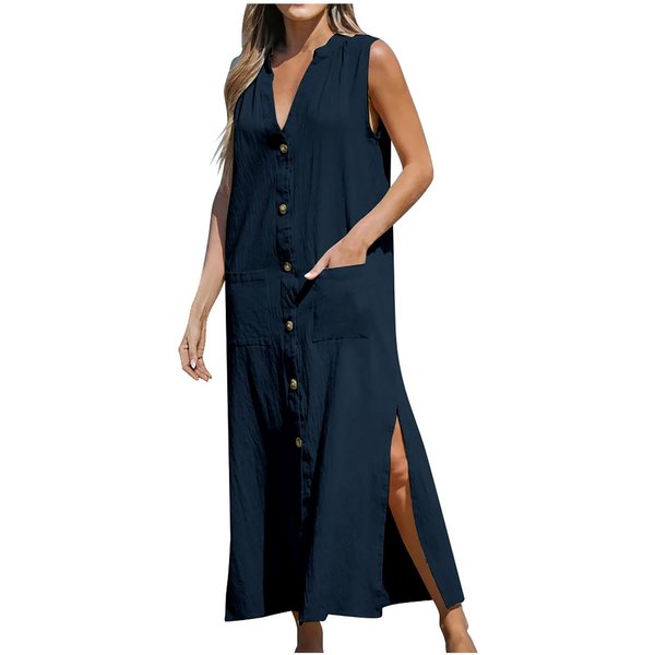 Vestido De Mujer AlgodóN Y Lino Sin Mangas Color SóLido Monopeto Suelto Cuello En V Falda Larga XL Black-image