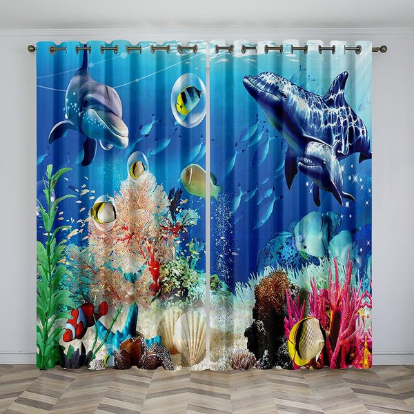 Cortinas Fina Para Ventana Mundo Marino Submarino DelfíN Listas Para Usar Para HabitacióN Infantil Sala De Estar BañO Cocina Puerta Pasillo Hogar 2 Piezas W110 X H240(Cm)X2&Hook-image