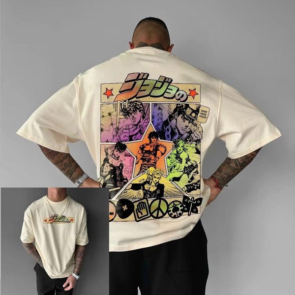 Ulica Anime Jojo Odzież MęSka Harajuku Lato Y2K Graficzne T-Shirty Oversize LuźNa BawełNiana Damska Koszulka Z KróTkim RęKawem XL Beige-image