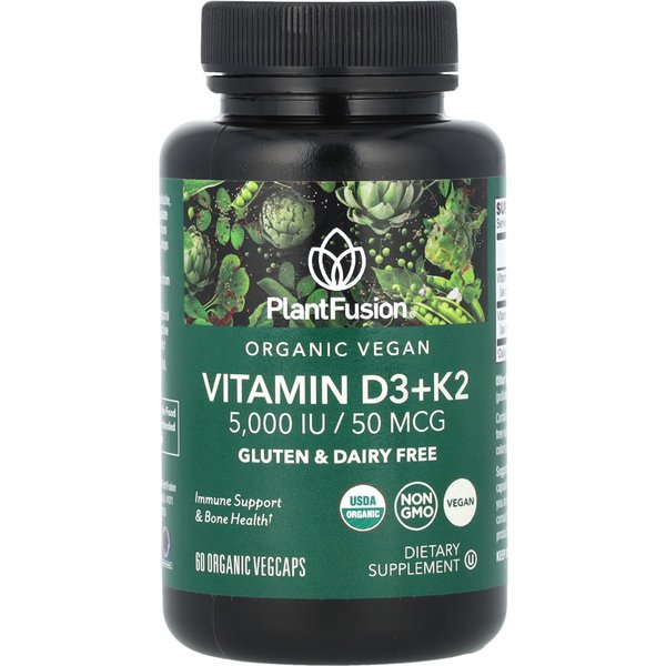 Plantfusion, Organiczna WegańSka Witamina D3+ K2, 5000 IU/50 Mcg, 60 Organicznych KapsułEk Warzywnych-image