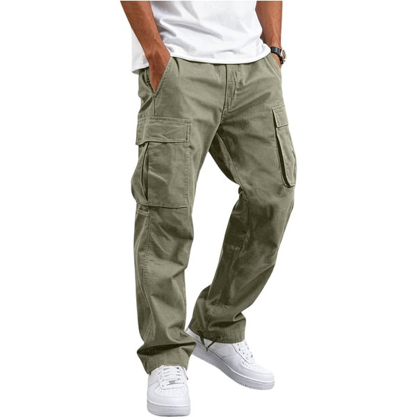 Pantalones Cargo Casuales Para Hombre Corte Holgado Pierna Recta Multibolsillos L Verde-image