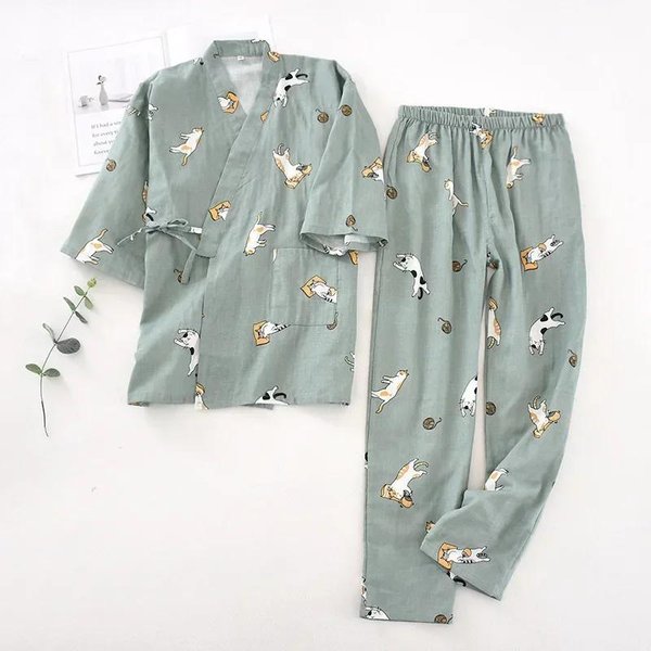 Nuevo Conjunto De Pijama Kimono Estilo JaponéS De Siete Mangas Femenino Primavera Y OtoñO Gasa 100% AlgodóN Ropa De Casa Lindo Dulce Dos Piezas L Gray-image