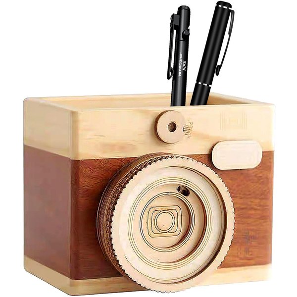 Porta BolíGrafos De Madera ÚNico Con Forma De CáMara Vintage Organizador De Escritorio Para LáPices Para Estudio Oficina Single Pen Holder-image