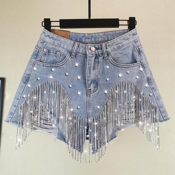 Shorts Vaqueros De Tiro Medio Para Mujer EláStico Medio Corte Holgado Flecos De PedreríA Rasgados Streetwear Pantalones Cortos 2XL-image
