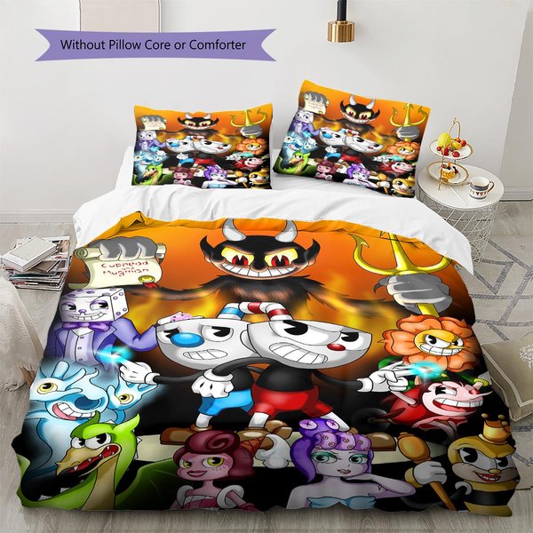 PośCiel Z Wzorem Cuphead Zestaw KołDry Poszewka Na KołDrę Poszewka Na Poduszkę Dekoracja Domu Prezent Urodzinowy (1 * Poszwa Na KołDrę + 2 * Poszewki Na Poduszki, Bez Rdzenia) 140X200Cm-image