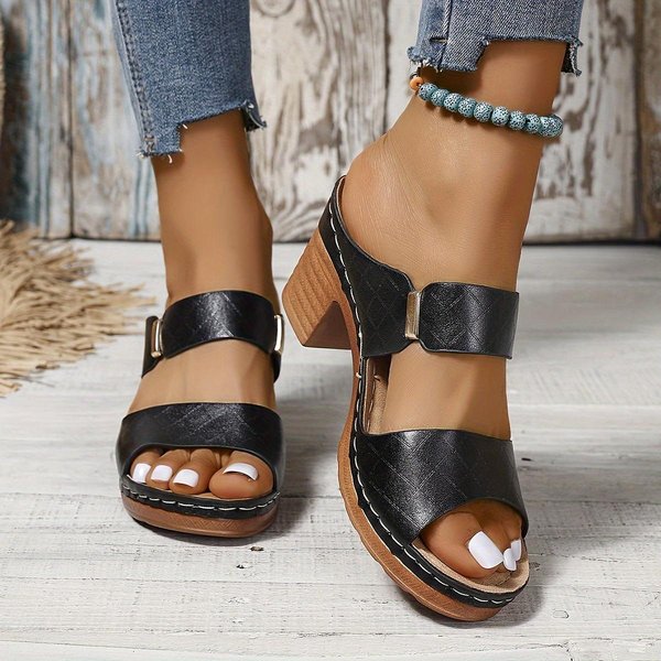 Sandalias De TacóN Grueso Para Mujer Color SóLido Punta Abierta Tacones Altos ,Sandalias De TacóN Grueso Para Mujer, Zapatos Casuales De Verano Con Punta Abierta 40 Brown-image