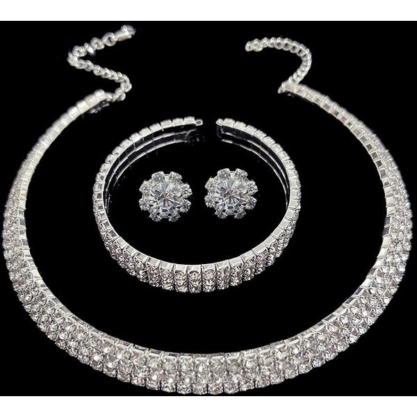 Conjunto De Tres Piezas De Collar, Pendientes Y Pulsera De Diamantes Con Flores De Metal Y Cuello Hueco Para Dama De Honor Y Novia Gray-image