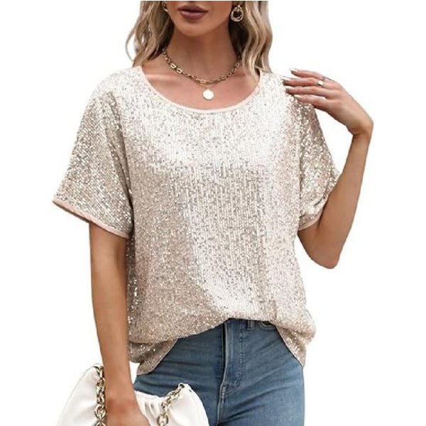 Tops De Mujer Cuello Redondo Manga Corta Camiseta Holgada Lentejuelas Brillantes Camisa Casual Tops VersáTiles De Verano L Beige-image