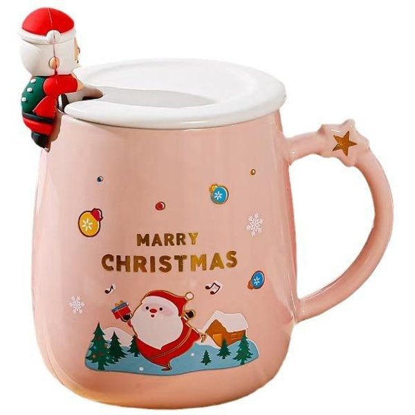 Taza De CeráMica Creativa De Personalidad NavideñA Taza De Agua De Papá Noel Con Tapa Cuchara Souvenir Taza De Café 420ML Beige-image
