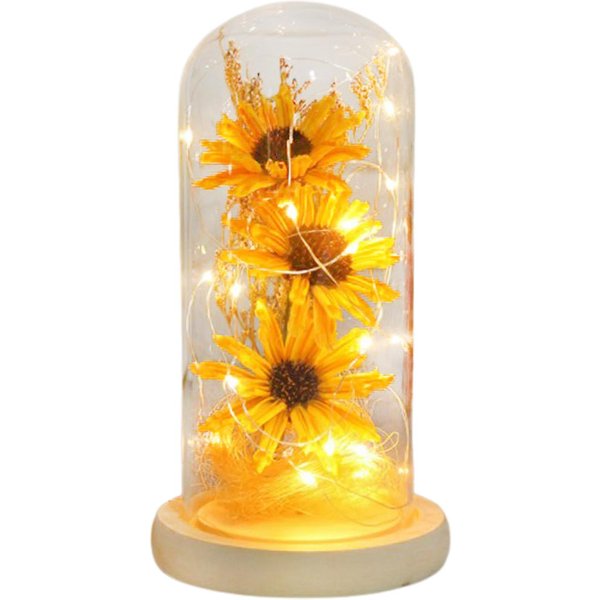 CúPula De Cristal De Flor Preservada Girasol De SimulacióN Artificial Con Luz LED Para El DíA De San ValentíN-image