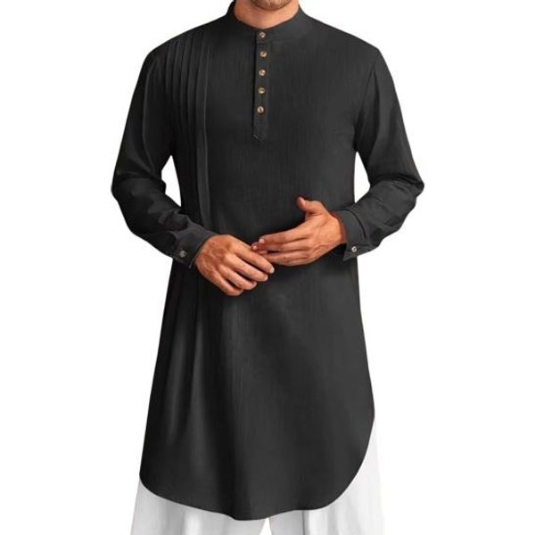 MęSki Kaftan BawełNiano-Lniany DłUgi RęKaw Dekolt O Szata Jednolity Kolor Zapinana Na Guziki XL Czarny-image