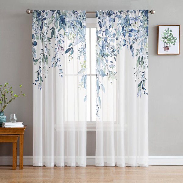 Cortinas Transparentes De Tul Blanco Con Flores Azules Para DecoracióN De Sala De Estar, Cortinas Para Dormitorio, Cocina, Cortinas De Organza De Gasa 135W X 213H(Cm)-image