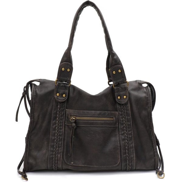 Vintage WypłUkiwana SkóRa PU DużA Pojemność Torba Tote Kieszenie Na Zamek Warkocz Dekoracja Torba Na Ramię Crossbody Unisex Damska Codzienna PodróżNa Torebka Black-image