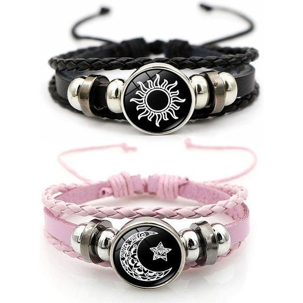 2 Szt. ŚWiecąCe Bransoletki Dla Par SłOńCe KsiężYc Regulowane Czarne Plecione Bransoletki Przyjaźń Moda Romantyczna BiżUteria Prezenty Urodzinowe 22CM Czarny-image