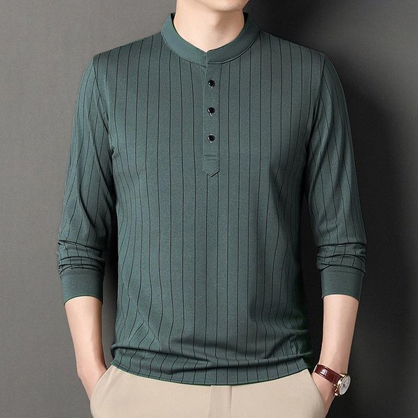 Primavera Y OtoñO Nuevo Punto Camiseta De Manga Larga A Rayas Verticales Ropa Para Hombres JóVenes Camisa Casual Para Hombre Camisa De Cuerpo Xxxxl-image