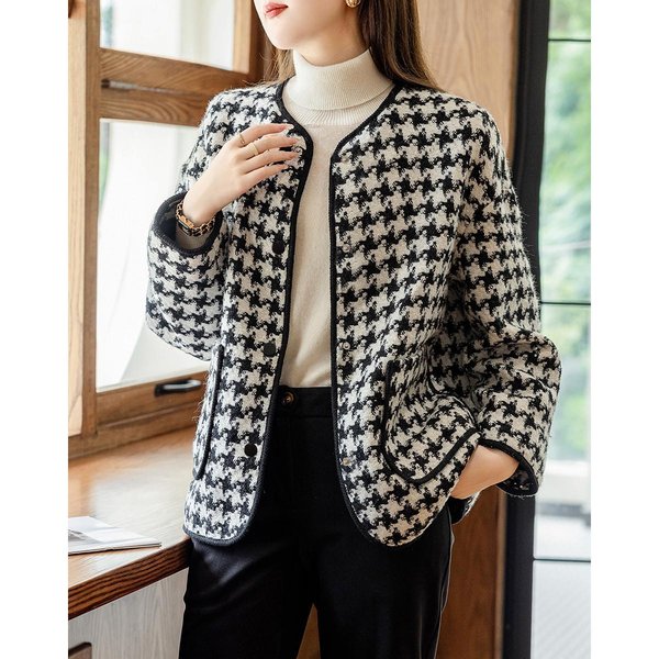 Chaqueta Tweed OtoñO Nueva Cuello Redondo Suelta Pata De Gallo Vintage Para Mujer Corta M Negro-image