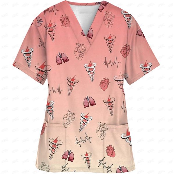 Uniforme De Enfermera Para Mujer, Estampado De Dibujos Animados En 3D, Cuello En V, Bolsillo, Uniformes MéDicos, Uniformes De EnfermeríA De Dibujos Animados Kawaii, Uniformes De Enfermera 5XL Beige-image