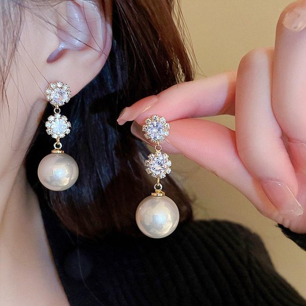 Pendientes Colgantes De Perla Simulada Elegantes Para Mujer Huitan JoyeríA Para Ceremonia De Boda Con Circonita Brillante Accesorios Elegantes Brown-image