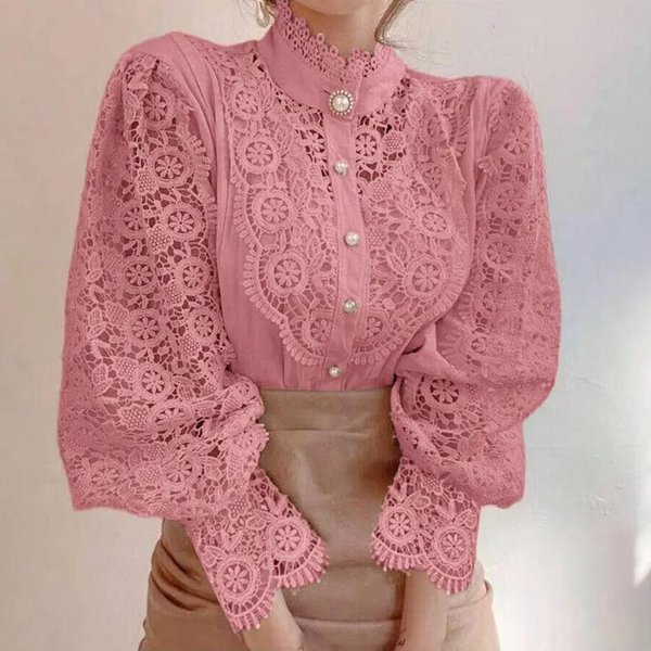 Vintage Cotton White Lace Shirt Tops Loose Casual Bluzki Hollow Crochet Floral Bluzka DłUgi RęKaw Damskie Koszule Blusas 12928 XL Pink-image