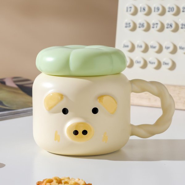 KreskóWkowy Kubek Dla Dziewczynek Z Wysoką WartośCią Kubek Z Kwiatowym Prosiaczkiem Z Pokrywką ŁYżEczką Domowy Ceramiczny Kubek PudełKo Na Prezent PamiąTka Kubek Na Wodę 301-400Ml-image