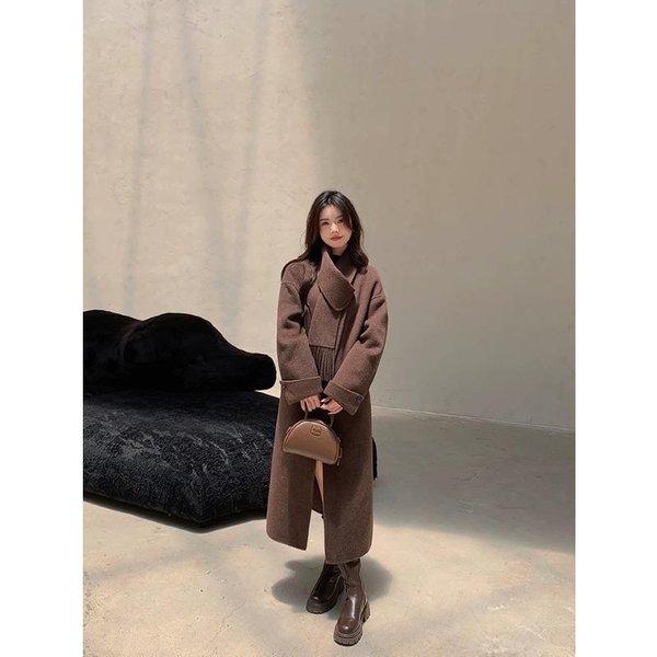 Bufanda Collar Desmontable Coreano Nuevo Abrigo De Lana Doble Cara Para Mujer Por Encima De La Rodilla Casual Estilo Simple Abrigo De Lana M Black-image
