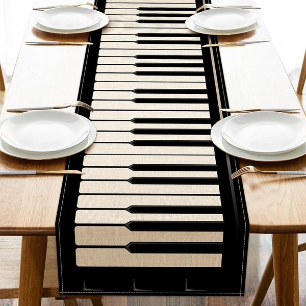 Czarno-BiałY Muzyczny Fortepian Keyboard Lniany BieżNik Na Stół Dekoracja Imprezowa Wielokrotnego UżYtku BieżNik Na Stół Kuchenny Jadalny Akcesoria Na Imprezę Jazzową 150X33Cm Black-image
