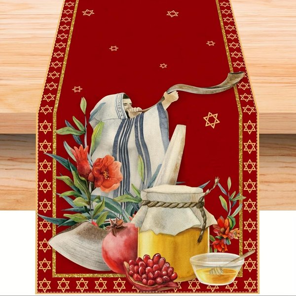 Shana Tova Camino De Mesa De Lino Decoraciones De AñO Nuevo JudíO Rosh Hashaná Miel Granada Caminos De Mesa DecoracióN Para Fiestas En Casa Festivas 150X33Cm Beige-image