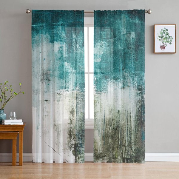 Cortinas Transparentes Estilo Pintura Al óLeo Del OcéAno De Arte Abstracto Para DecoracióN De Sala De Estar Cortinas De Ventana Cortinas De Tul Voile Para Cocina W135 X H115Cm X1-image