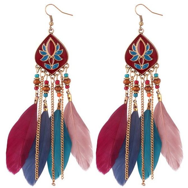 Pendientes De Plumas De Estilo ÉTnico Con Flecos De Moda Pendientes Largos Con Flecos De Cadena Retro Personalizados Varios Colores-image