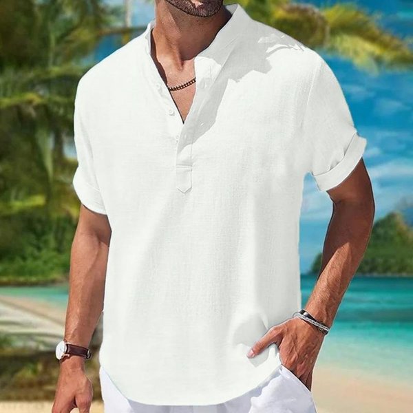 Camisas De Lino Para Hombre, Manga Corta, Con Botones, Cuello Vuelto, Camisas Informales De Verano Para El Hogar, Para Uso Diario XL White-image