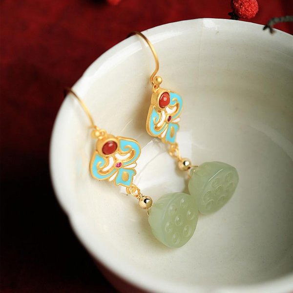 ArtesaníA Antigua De Oro Estilo Cortesano Jade Hetian Natural Flor De Loto Esmalte Pendientes Para Mujer Exquisitos Vintage JoyeríA Colgante-image