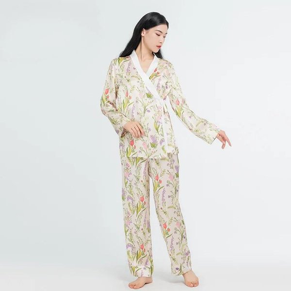 Zestawy PiżAmowe Szlafrok I PiżAma DwuczęśCiowy Zestaw 100% Jedwab Morwowy Kimono Damski Szlafrok L-image