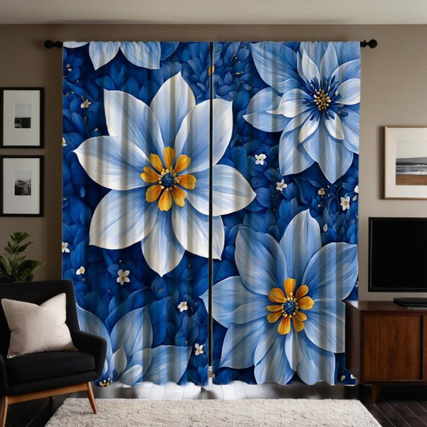 2 Piezas De Cortina Decorativa De Girasol Azul Hd, Cortina Con ImpresióN Digital Azul, DecoracióN Del Hogar, Estilo Sala De Estar Decorada, Dormitorio Ro W52H63Inchw132H160Cm-image