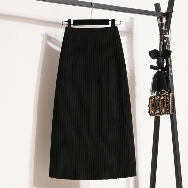 Falda De Punto De Canalé De Cintura Alta VersáTil CláSica Falda Recta A-Line Para Invierno De Mujer Talla Grande Fat Mm Falda Slim Midi XL Black-image