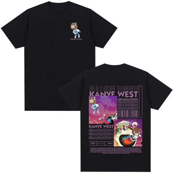 Raper Kanye West Graduation Bear Print T-Shirt MężCzyźNi Kobiety Moda Hip Hop Oversize T-Shirt KróTki RęKaw BawełNa Casual T-Shirty L Czarny-image