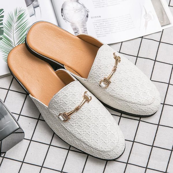 Luksusowe MęSkie Buty Bez PięTy SkóRzane PółButy MęSkie Mokasyny Kapcie MęSkie Pół-Klapki Casualowe Buty MęSkie Wsuwane Letnie PłAskie 45 BiałY-image