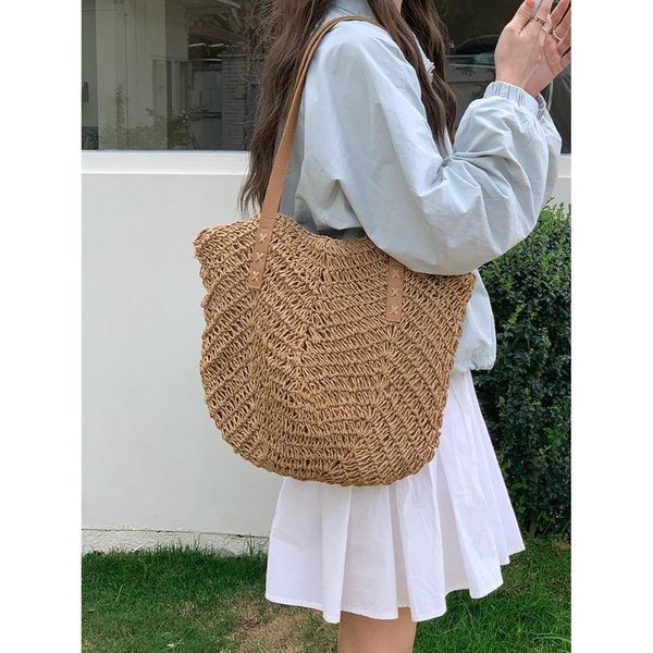 Bolso Tejido De Paja Tejido A Mano Para Mujeres En Vacaciones En La Playa Bolso Tejido De Playa Gran Capacidad Bolso Tote De Hombro Para El Trabajo-image