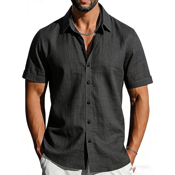 MęSka Lniana Koszula Z KróTkim RęKawem, OddychająCa, Casualowa, Zapinana Na Guziki, Letnia Koszula 3XL Black-image