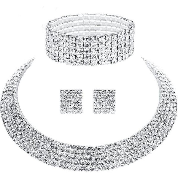 Moda CláSica Diamante Completo Diamante Flash Cinco Filas Collar Pulsera Pendientes De BotóN Set De Tres Piezas Nupcial Plata-image