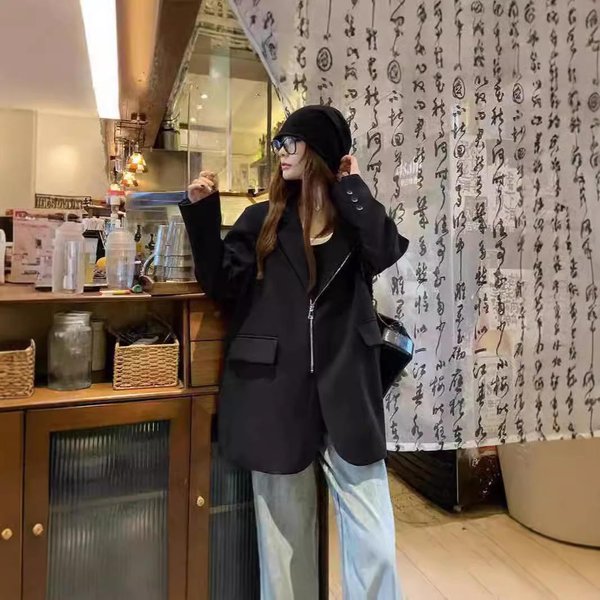 Chaqueta Nueva De Primavera Y OtoñO Estilo Coreano Para Mujer Estilo Cremallera PequeñA Casual Holgada Talla Grande Traje PequeñO XL Black-image