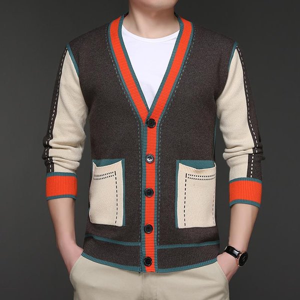 MęSki Dzianinowy Kardigan Z Dekoltem W Serek Jesień Zima Kontrastowy Kolor Kieszeń Modny PłAszcz Modny MęSki Top Xxxl Beige-image