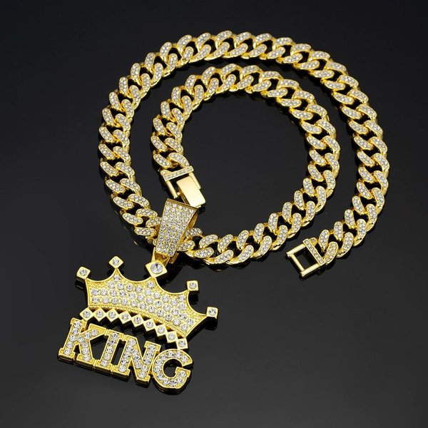 MęSki Hip Hop Naszyjnik Z Koroną I Wisiorkiem KróLa Z 13Mm KryształOwym ŁAńCuchem KubańSkim Hiphop Iced Out Bling Naszyjniki Modne BiżUteria Beige-image