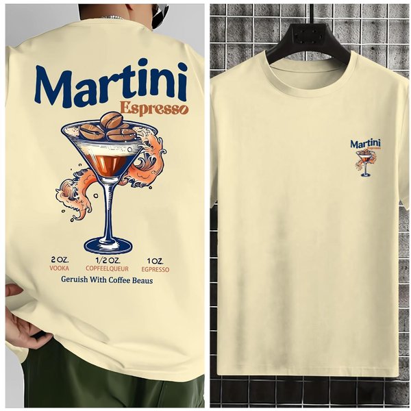 Wiosnalato Nowość MęSka BawełNiana Koszulka Z Nadrukiem Wzoru Koktajlu Martini Street Casual Moda KróTki RęKaw OkrąGłY Dekolt Koszulka M Beige-image