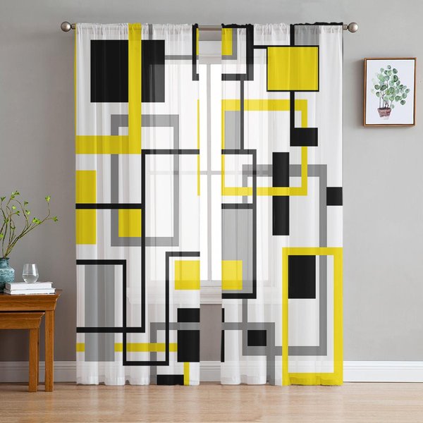 Cortinas Voile Transparentes GeoméTricas Abstractas Medievales NóRdicas Amarillas Para Ventana De SalóN Cortina De Tul Cocina Dormitorio DecoracióN Del Hogar 135W X 114H(Cm) White-image