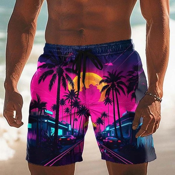 BañAdor Tropical De Playa Al Atardecer Para Hombre, Secado RáPido Con Estampado De Palmeras, Cintura Con CordóN, Board Shorts Para Nadar Xxxl-image